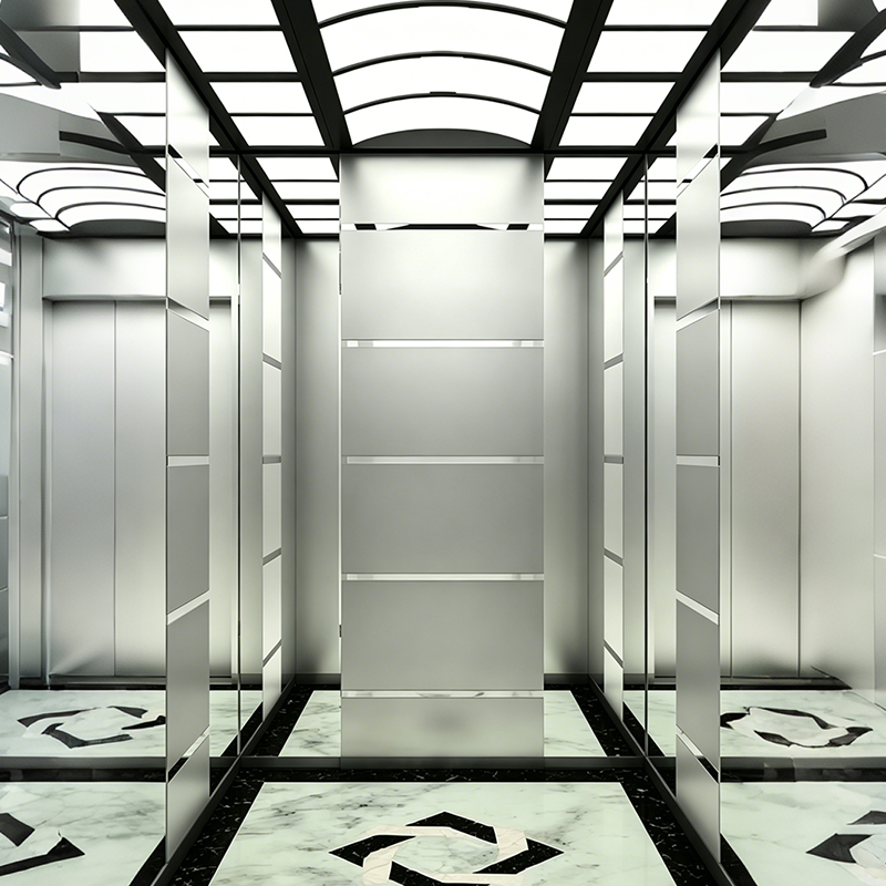 Lift pentru pasageri din oțel inoxidabil finisat în oglindă cu podea din PVC pentru centrul comercial