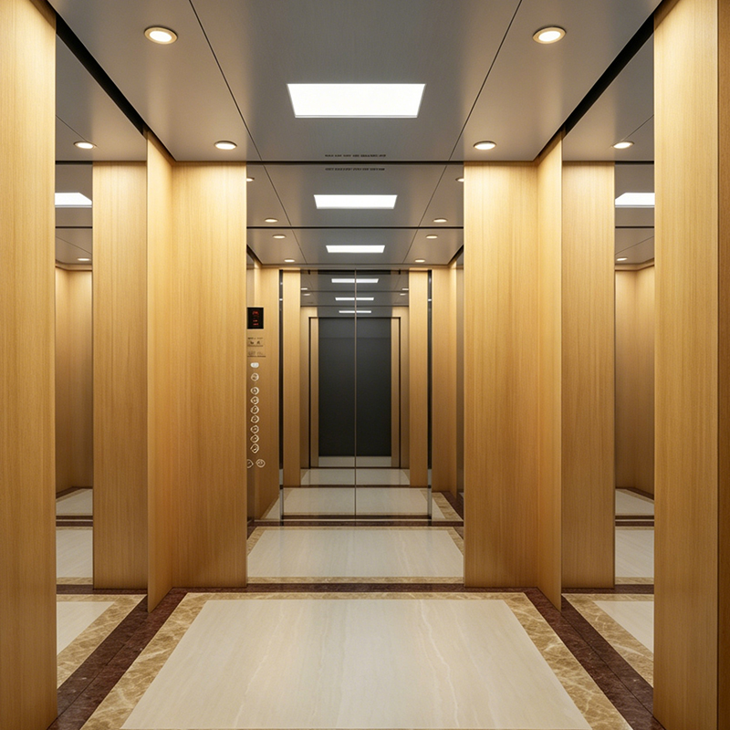 Lift comercial pentru pasageri cu finisaj furnir din lemn